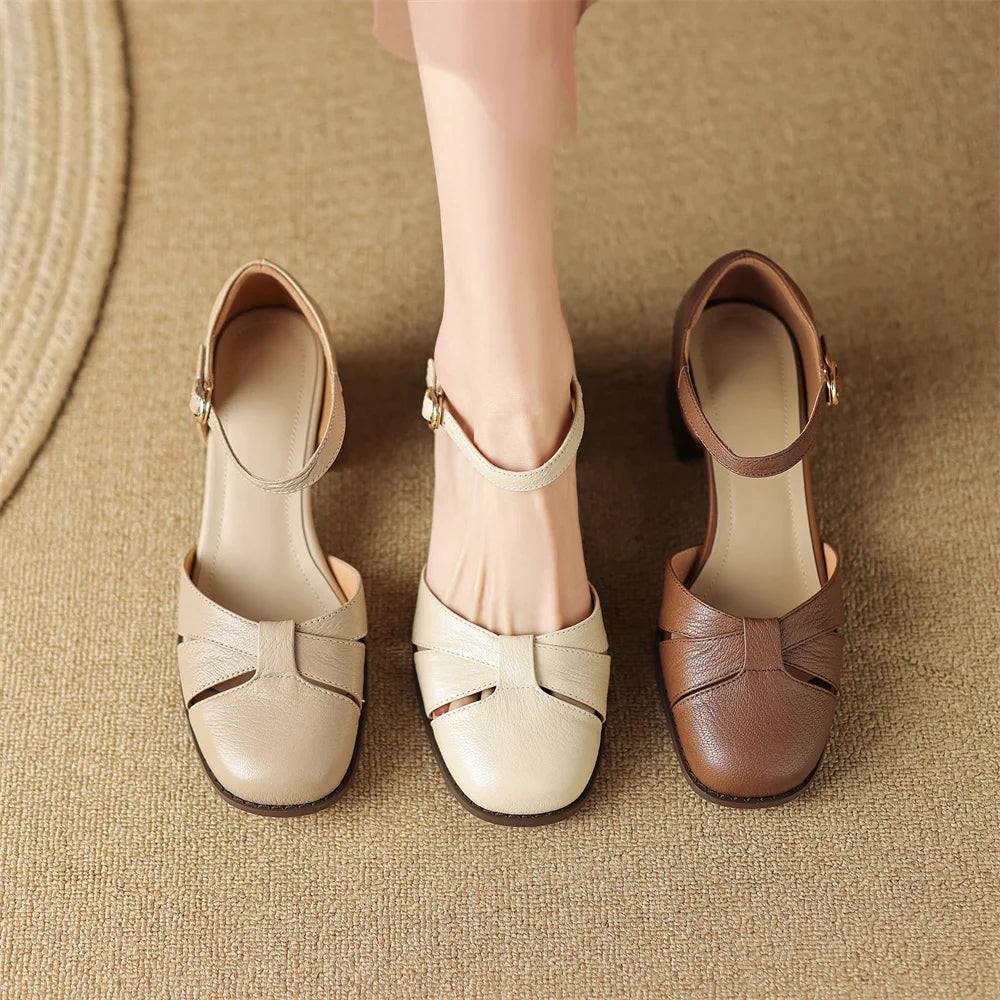 Felice | Leather Braided Ankle Strap Mid Heel Pumps