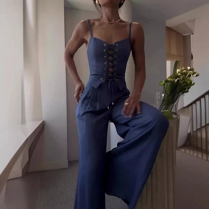 Brianna |  Lace-Up Top Wide Leg Pants Set