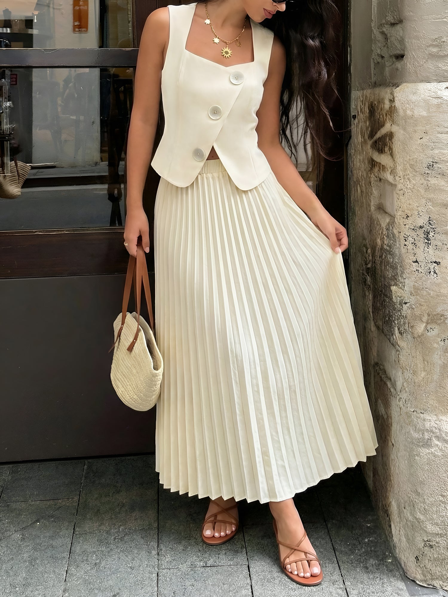 Sera Matching Set | Sleeveless Cropped Top & Pleated Maxi Skirt for Women 0