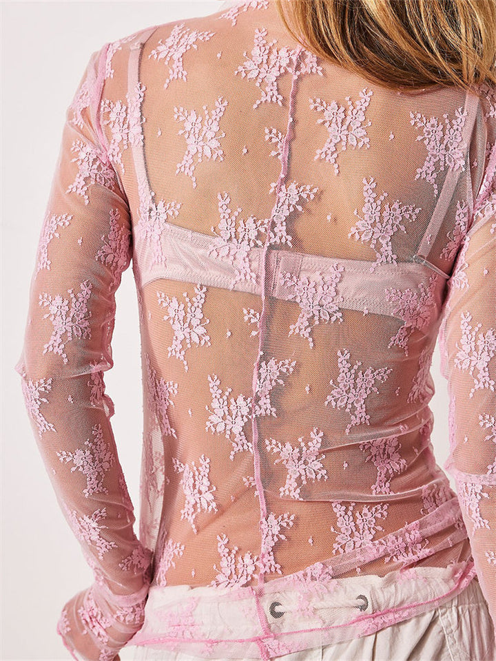 Liana Floral Lace Top featuring a high-neck and intricate mesh design, perfect for a stylish and elegant look. - 12