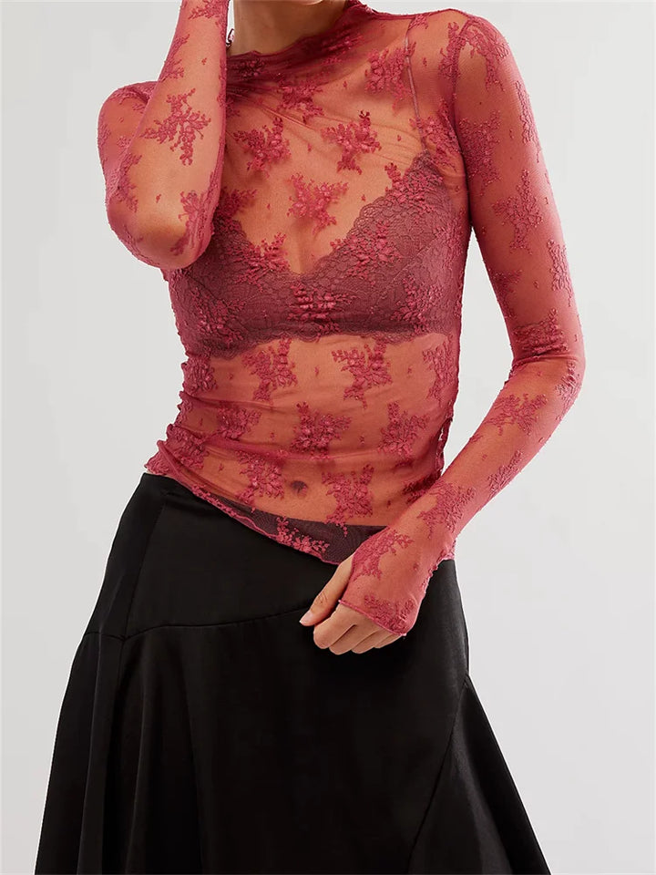Liana Floral Lace Top featuring a high-neck and intricate mesh design, perfect for a stylish and elegant look. - 6