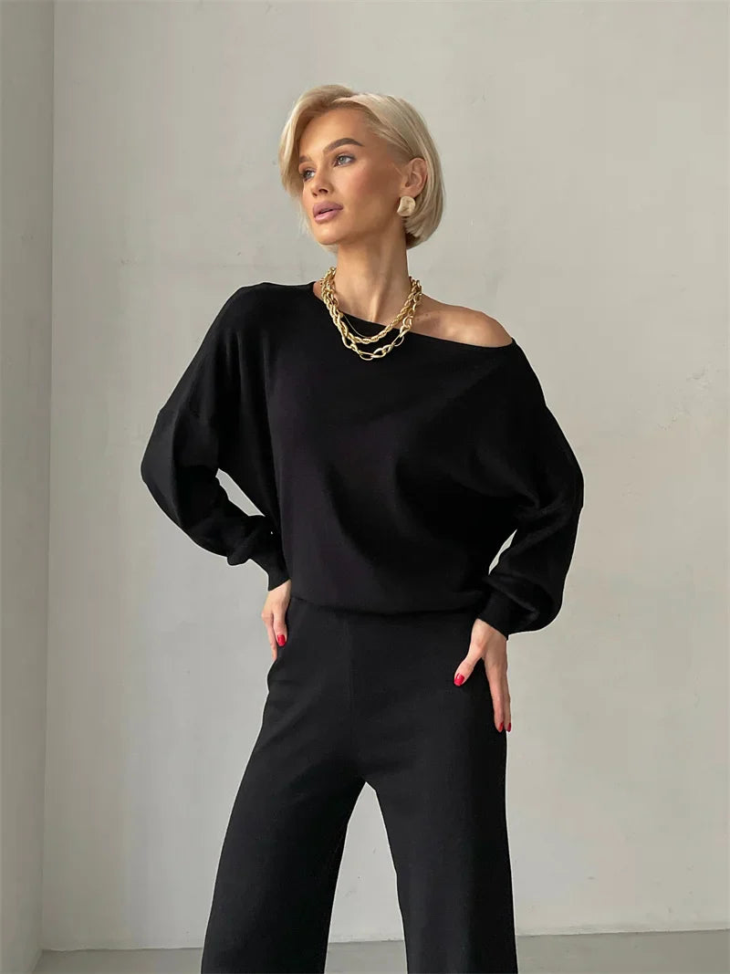 Luxe Eleganza Loungewear Set featuring an ultra-soft knit fabric and stylish off-shoulder design, perfect for comfort and relaxation at home - 12