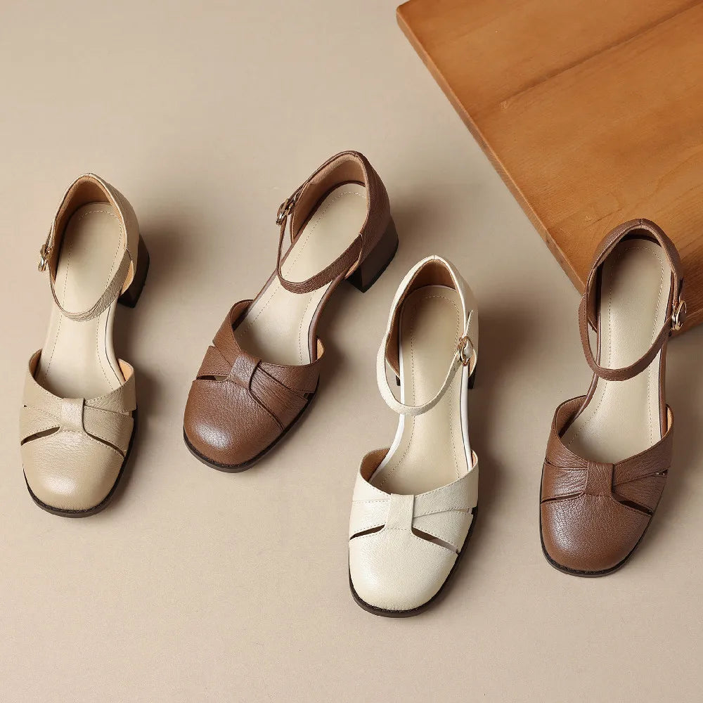 Felice | Leather Braided Ankle Strap Mid Heel Pumps