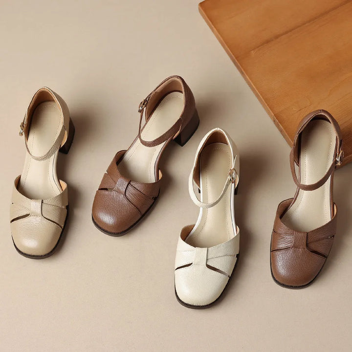 Felice | Leather Braided Ankle Strap Mid Heel Pumps