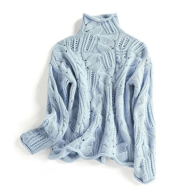 Women's Braided-Knit Turtleneck Sweater, Rope Texture, Beige or Blue