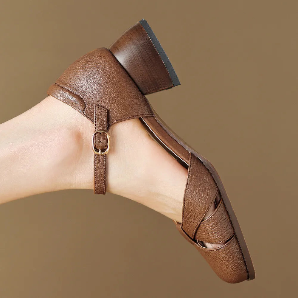 Felice | Leather Braided Ankle Strap Mid Heel Pumps