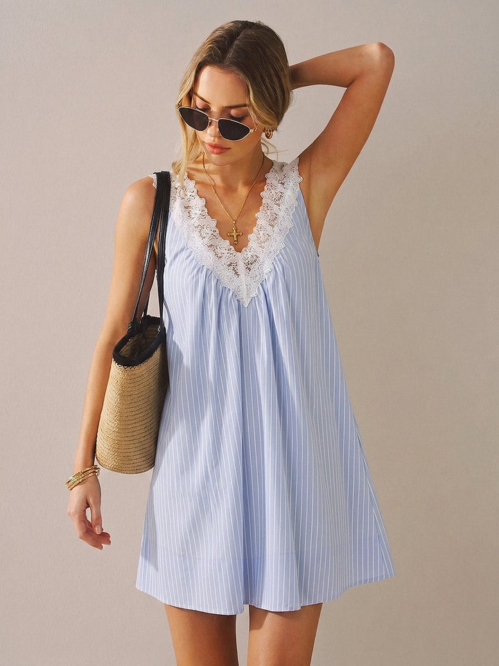 Sierra Women's Dress | Striped Lace Trim, V-Neck Mini Summer Dress 0