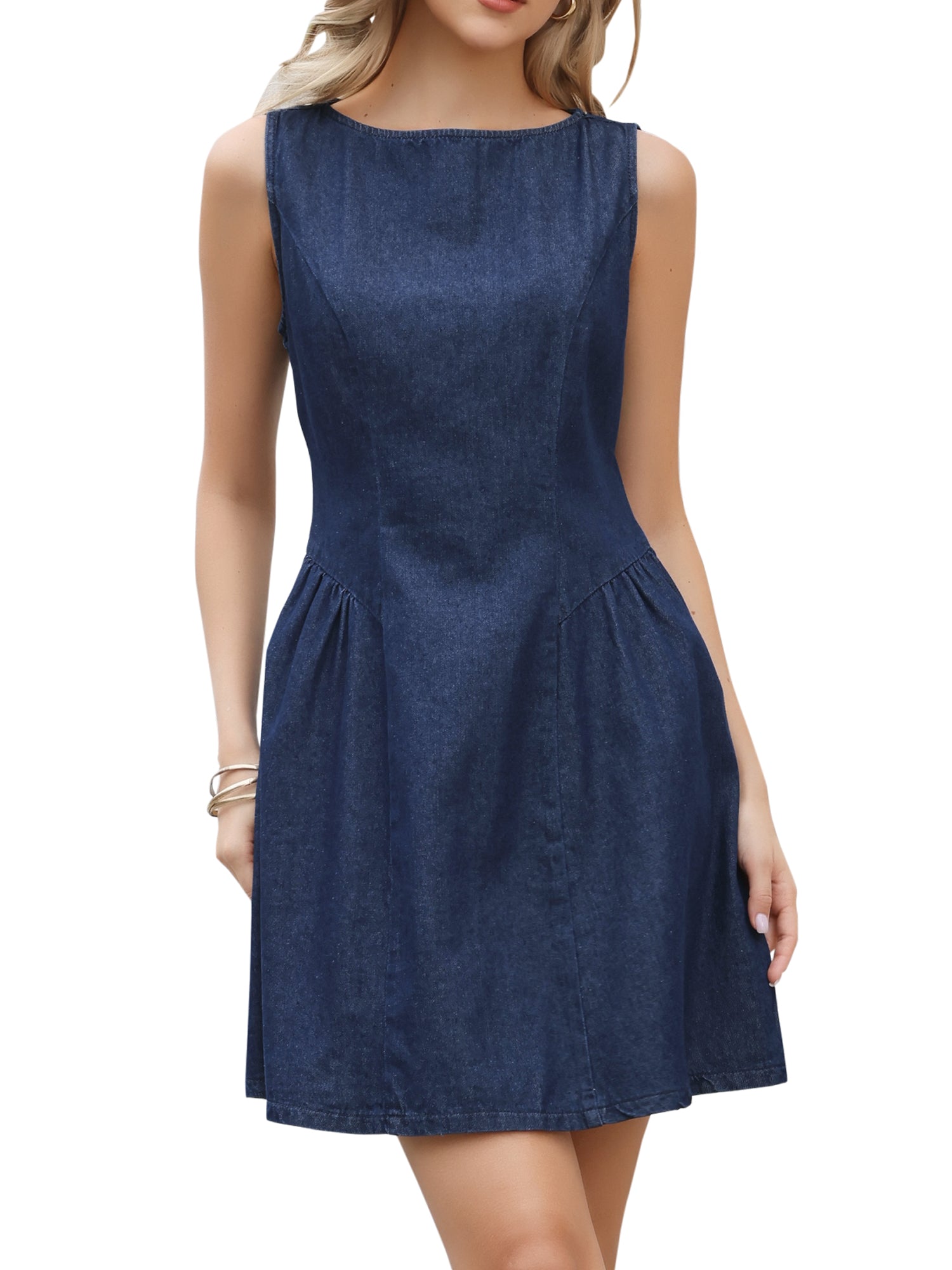 Sleek Denim Dress | Sleeveless A-Line Mini, Cotton Blend 3