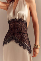 Soleil Satin Maxi Dress | Halter Neck, Backless, Patchwork Design 4