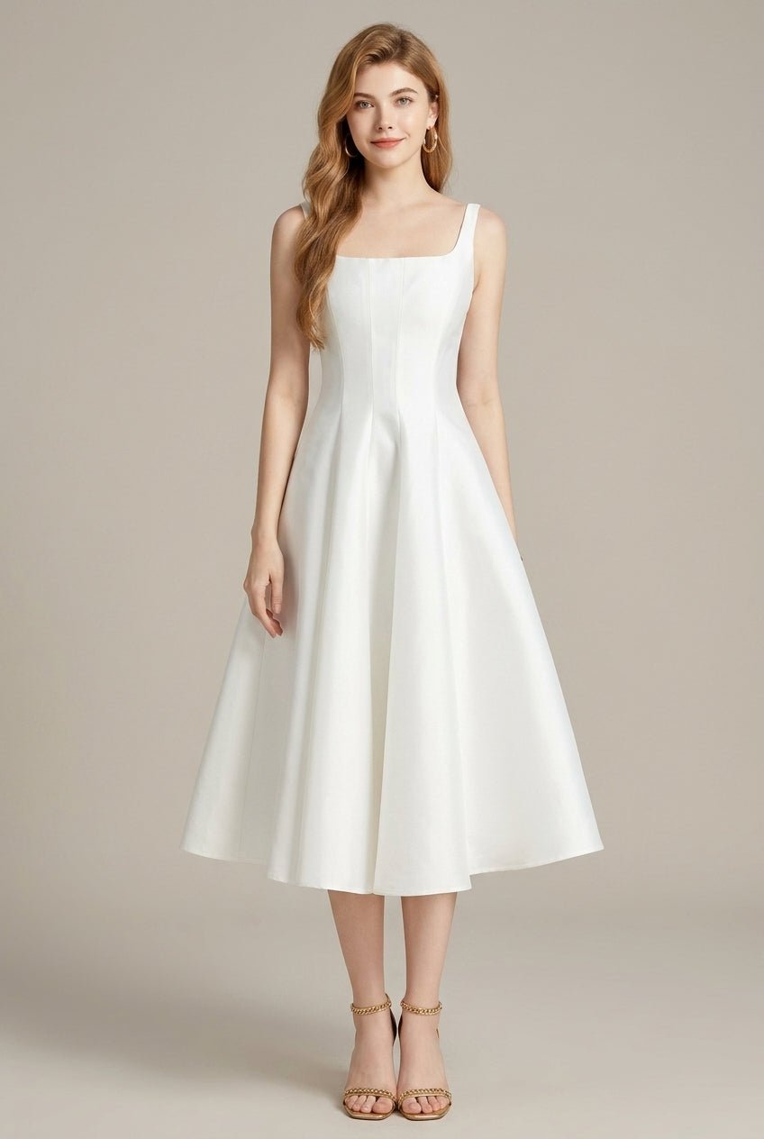 Talia Midi Dress | Tailored A-Line, Square Neck, Formal Style 0