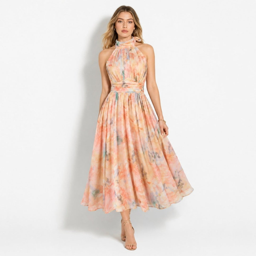 Thirza Halter Dress | Silk-Blend Chiffon, Unique Artwork Print - Wedding Guest & Cocktail Dress 0