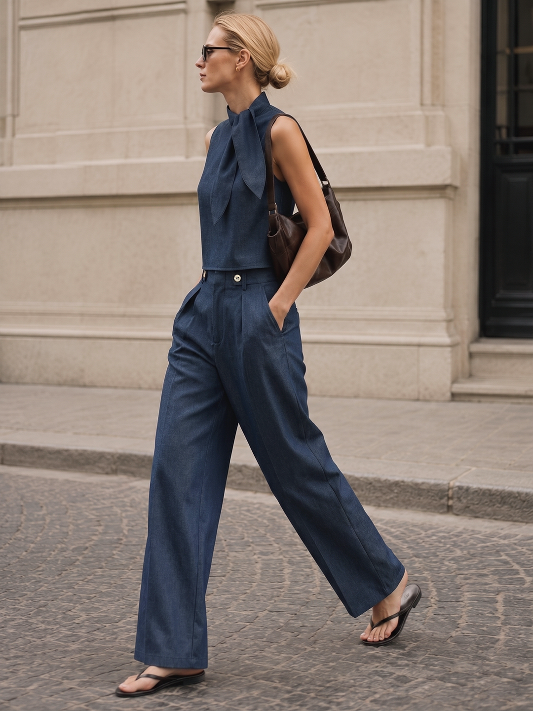 Tina Blouse Pants Set | Cotton Blend, Regular Fit, Tie-Neck Detail 1