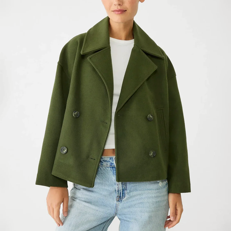 Women’s Cropped Double-Breasted Coat with Lapel Collar