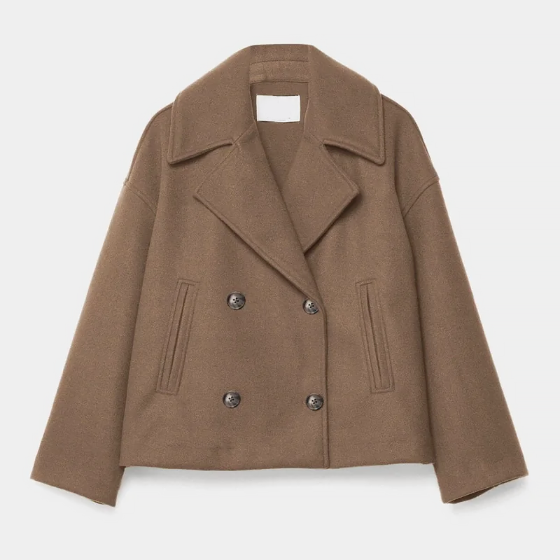Women’s Cropped Double-Breasted Coat with Lapel Collar