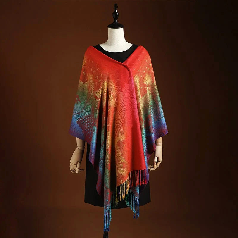 Women’s Multicolor Jacquard Woven Scarf with Feather Design