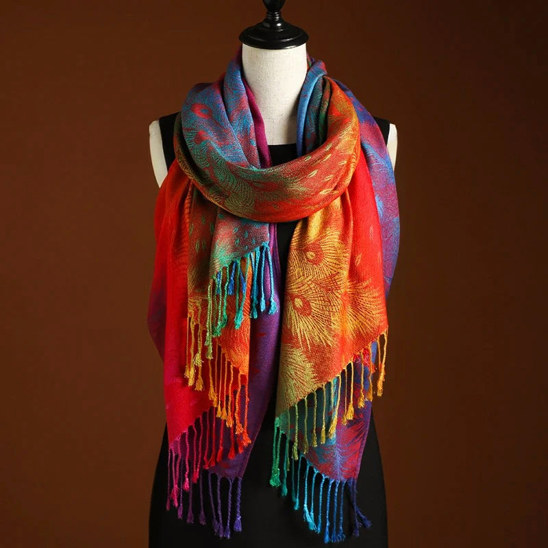 Women’s Multicolor Jacquard Woven Scarf with Feather Design