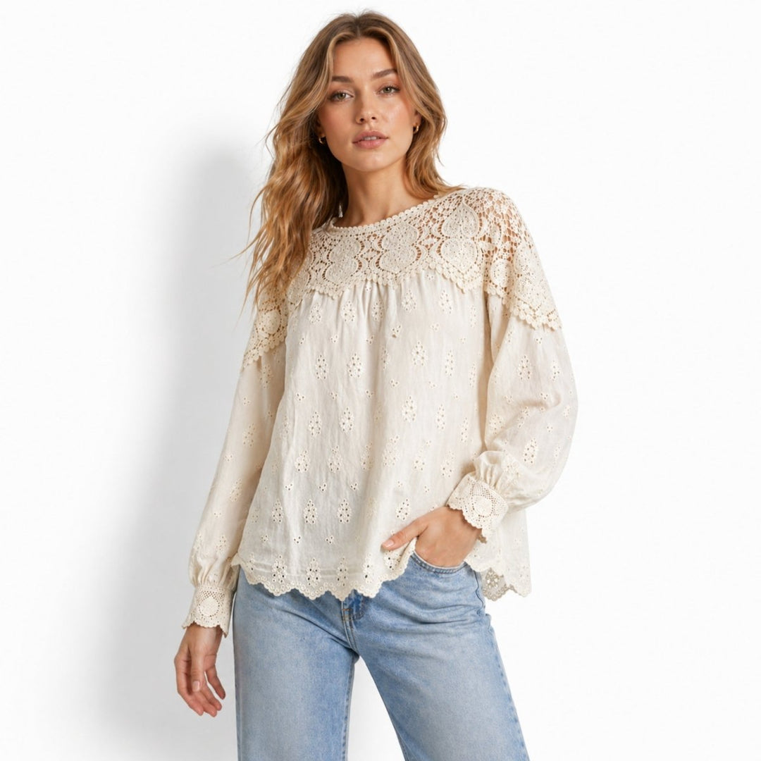Zara White Blouse | 100% Cotton, Crochet Lace Yoke for Women 0