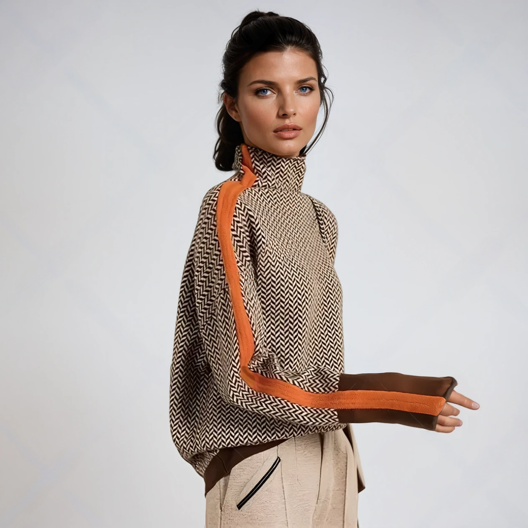 Women's Striped Turtleneck Pullover, High Collar, Orange or Green