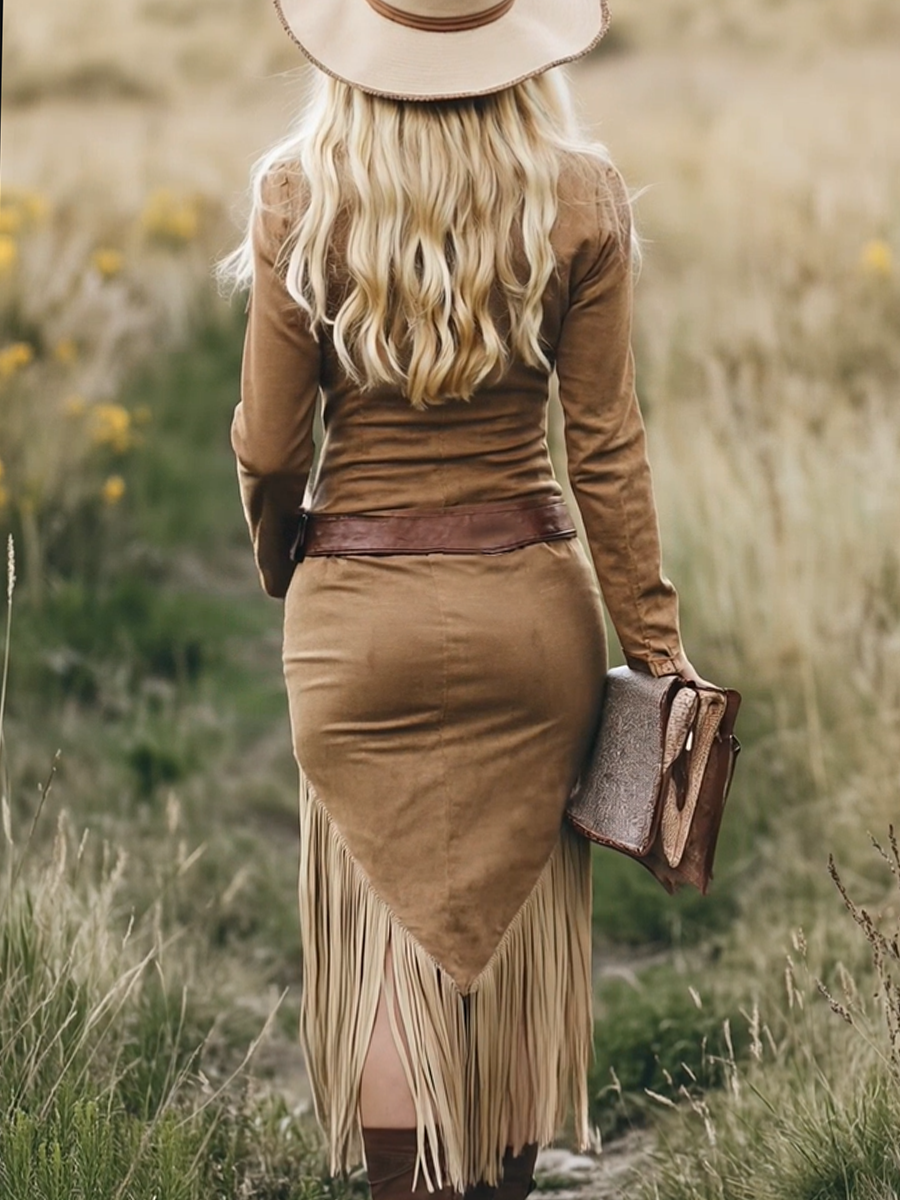Rodeo Midi Dress | Premium Suede, Slim Fit, Tassel Detail - 2