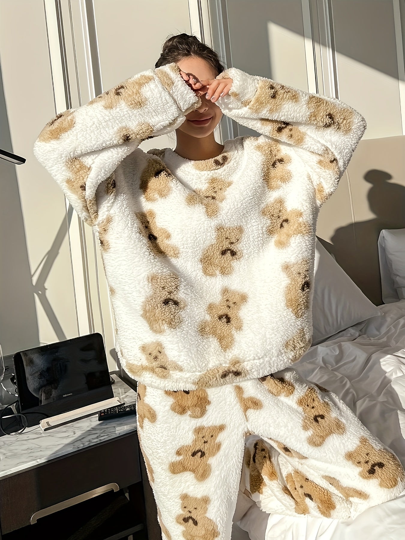 Teddy Bear Print Lounge Set | Ivory & Tan | Ultra-Soft Nylon | Cozy Loungewear