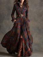 Reddish Brown Maxi Dress | Vintage Plaid, Cotton Blend, Relaxed Fit - 1