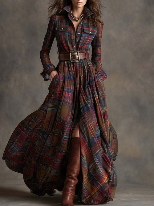 Reddish Brown Maxi Dress | Vintage Plaid, Cotton Blend, Relaxed Fit - 1