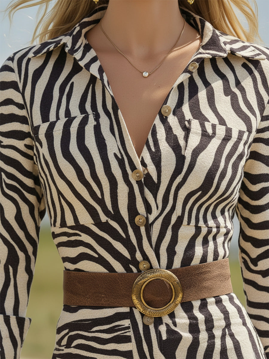 Retro Western Zebra Print Faux Suede Slit Midi Dress