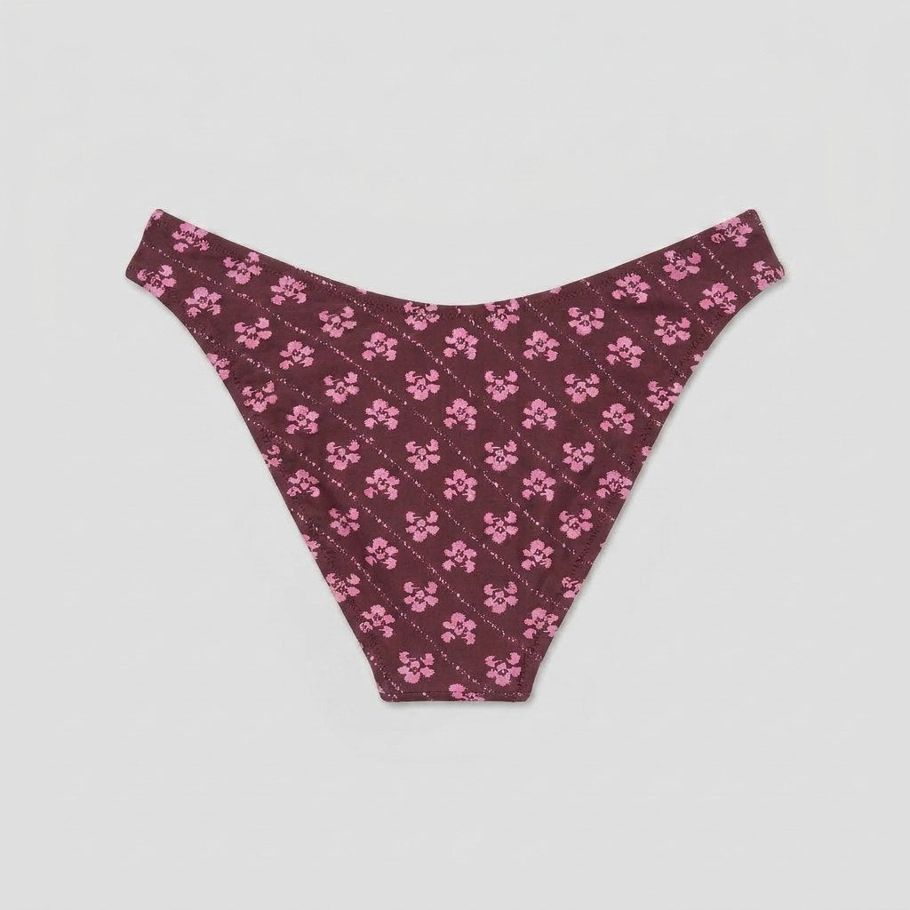 Blythe high-leg bikini bottom in dark burgundy floral print, back