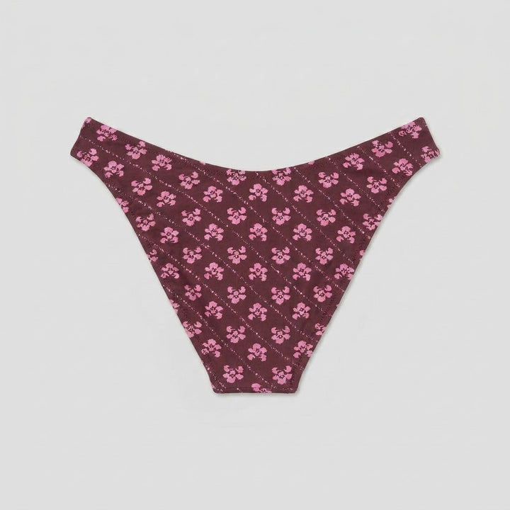 Blythe high-leg bikini bottom in dark burgundy floral print, back