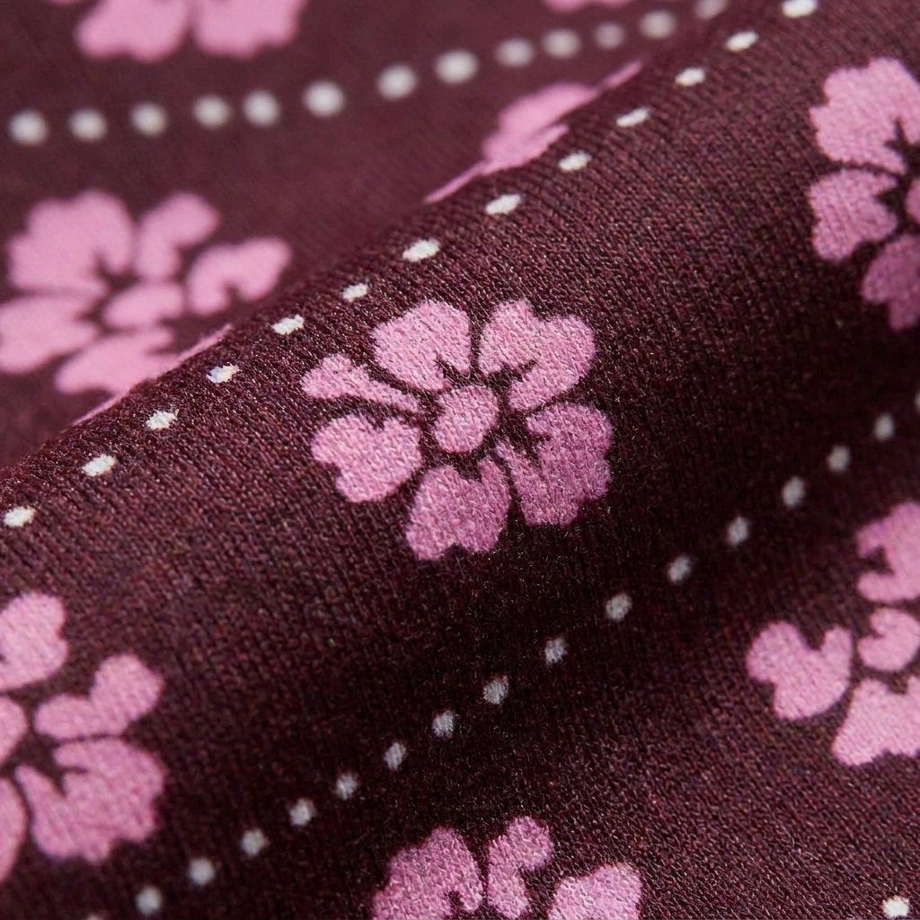 Blythe bikini fabric detail, dark burgundy with pink floral print