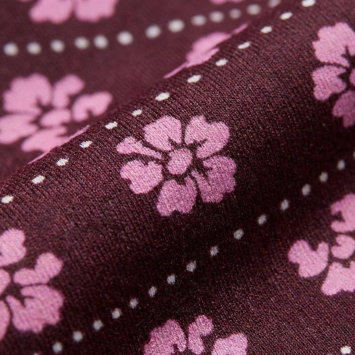 Blythe bikini fabric detail, dark burgundy with pink floral print
