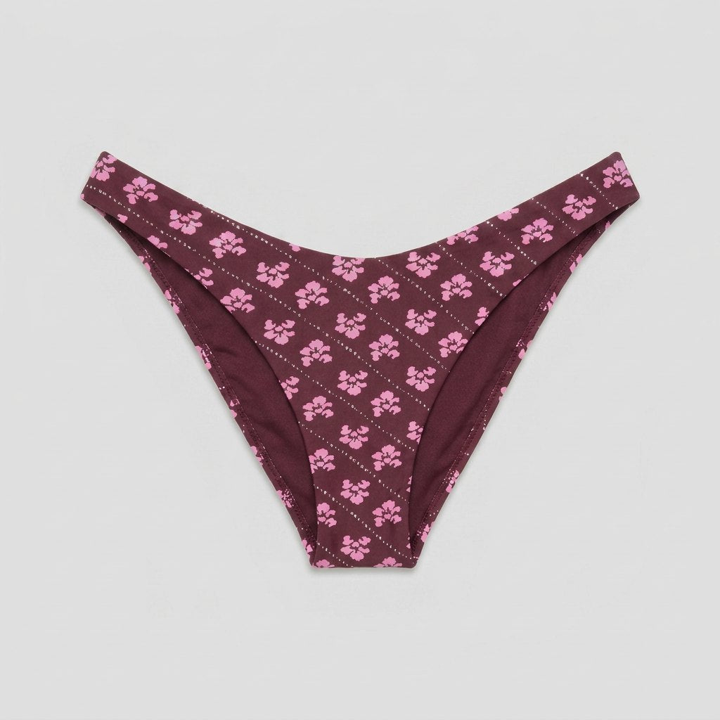 Blythe high-leg bikini bottom in dark burgundy floral print, front