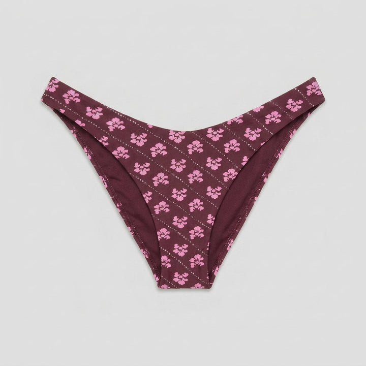 Blythe high-leg bikini bottom in dark burgundy floral print, front