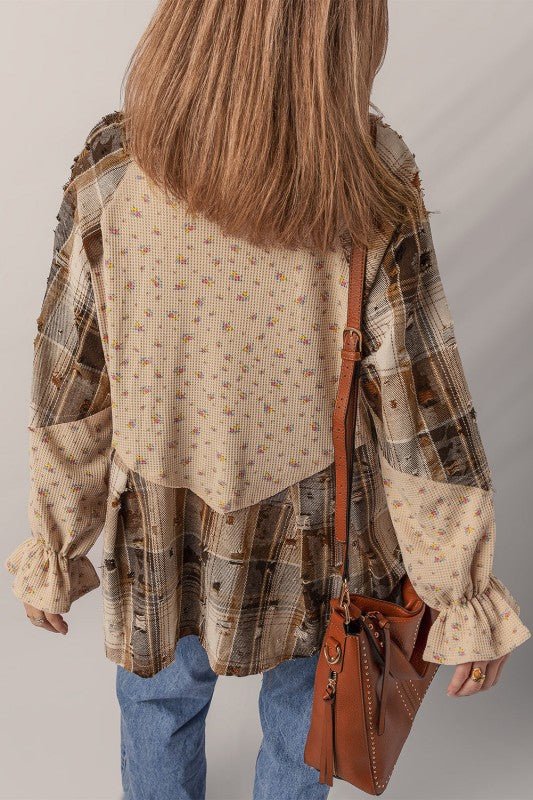 Boho | Floral Plaid Patchwork Ruffle Sleeve Waffle