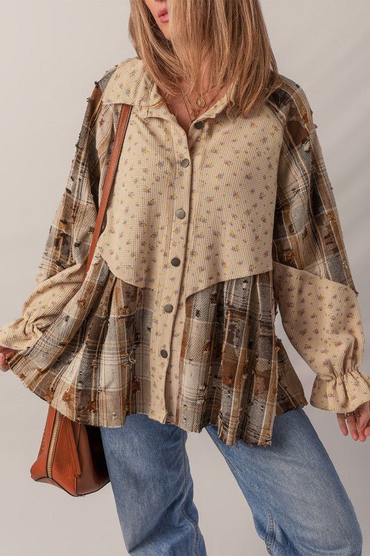 Boho | Floral Plaid Patchwork Ruffle Sleeve Waffle