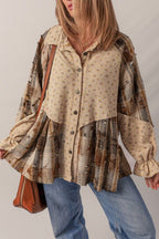 Boho | Floral Plaid Patchwork Ruffle Sleeve Waffle