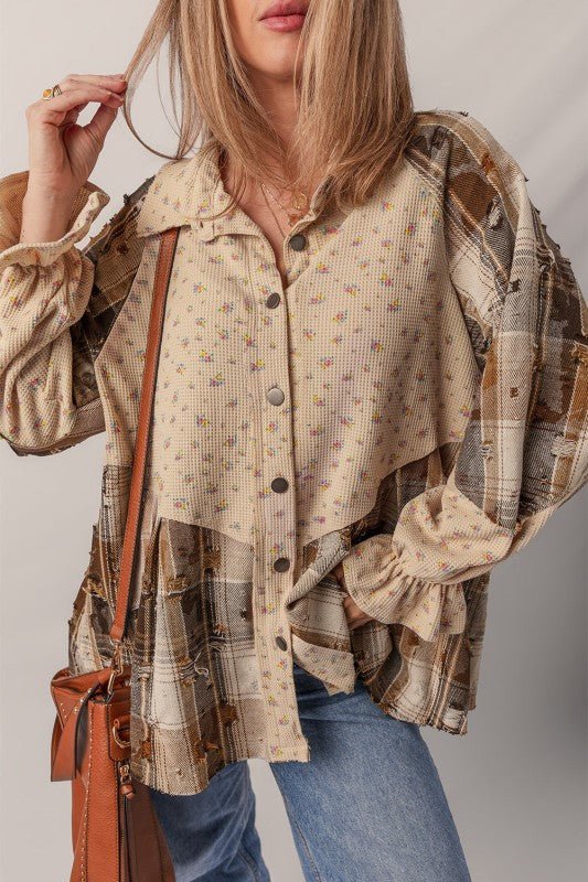 Boho | Floral Plaid Patchwork Ruffle Sleeve Waffle