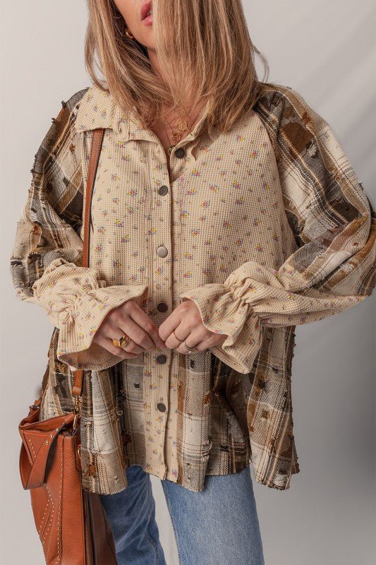Boho | Floral Plaid Patchwork Ruffle Sleeve Waffle