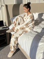 Teddy Bear Print Lounge Set | Ivory & Tan | Ultra-Soft Nylon | Cozy Loungewear