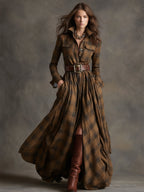 Reddish Brown Maxi Dress | Vintage Plaid, Cotton Blend, Relaxed Fit - 9