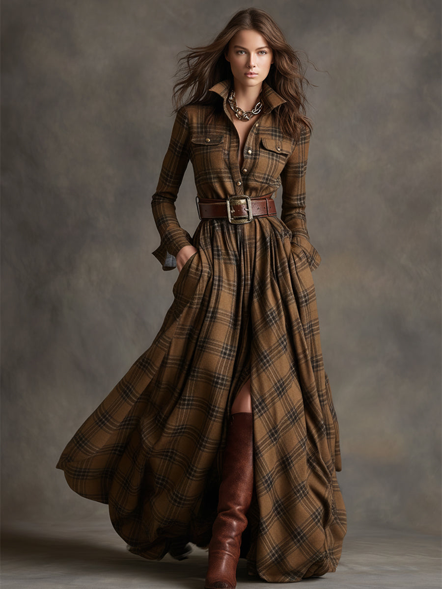 Reddish Brown Maxi Dress | Vintage Plaid, Cotton Blend, Relaxed Fit - 9