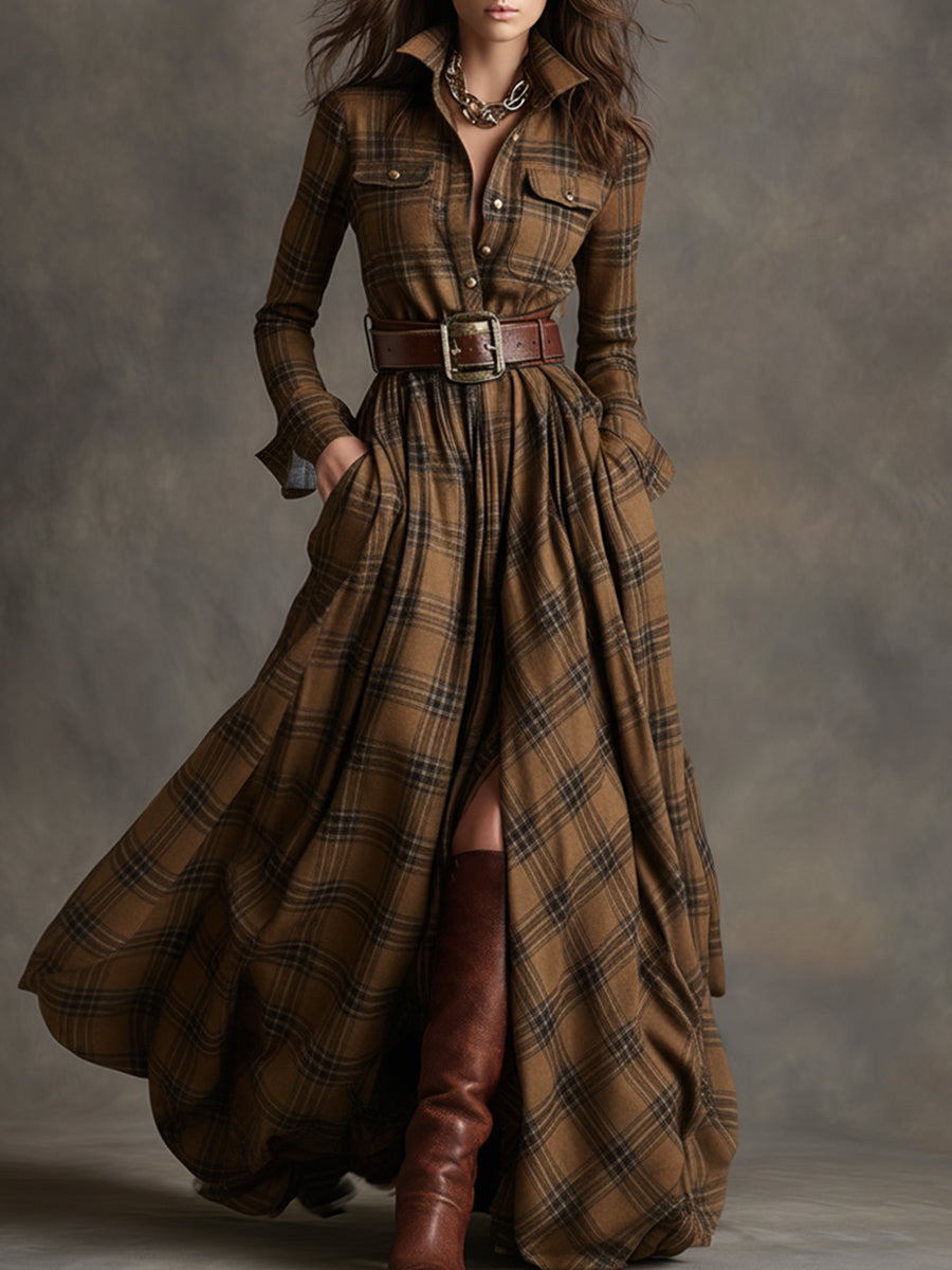 Retro Ethnic Style Lapel Reddish Brown Plaid Maxi Dress