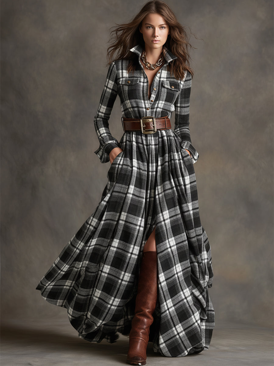 Reddish Brown Maxi Dress | Vintage Plaid, Cotton Blend, Relaxed Fit - 7