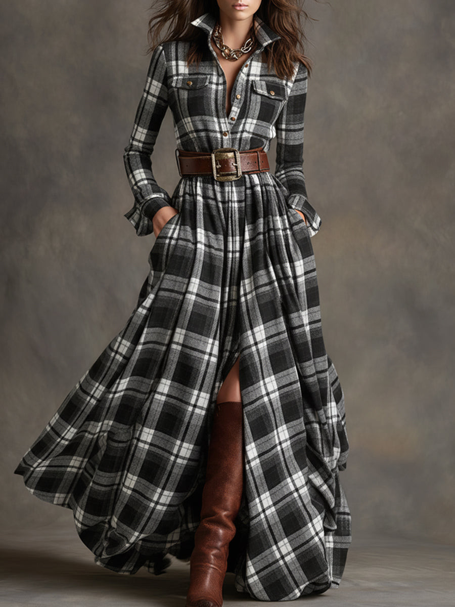 Retro Ethnic Style Lapel Reddish Brown Plaid Maxi Dress