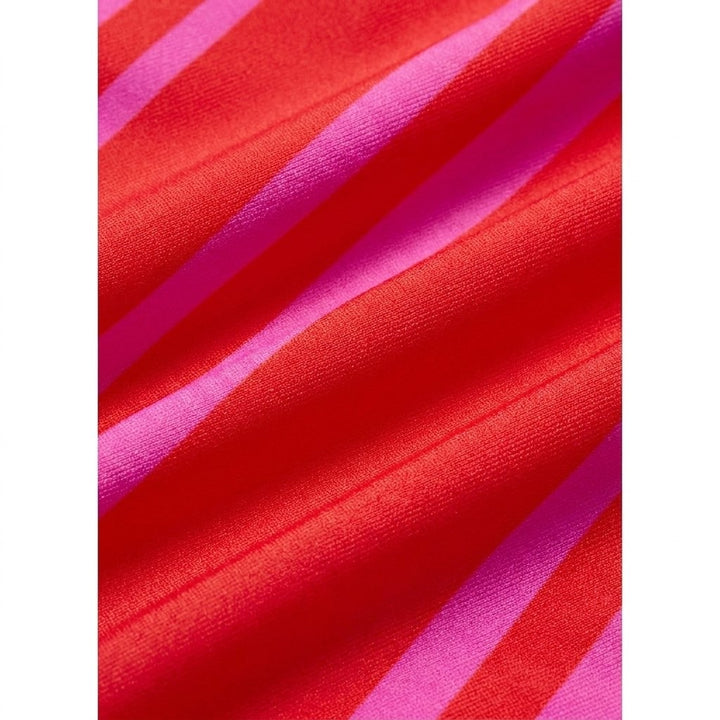 Cove bikini fabric detail, flame red with pink diagonal stripes
