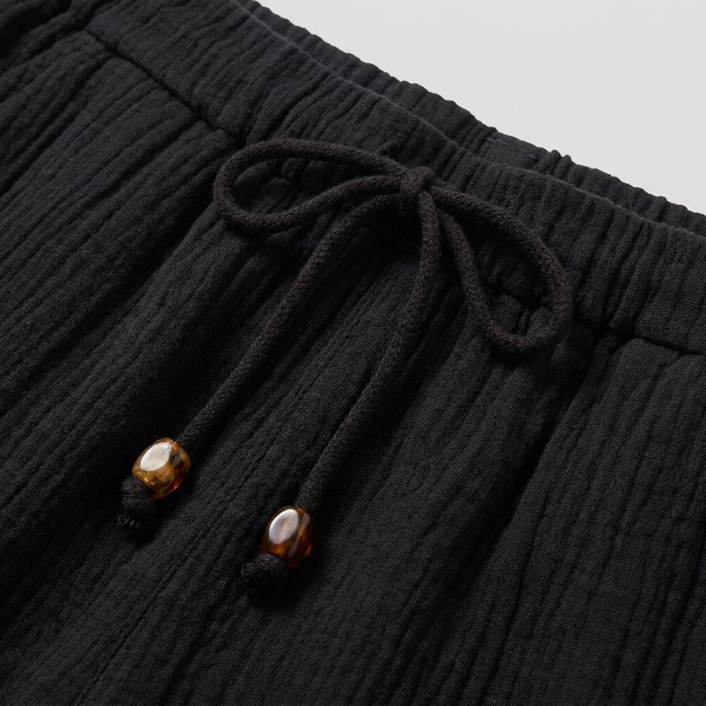 Dara black double-gauze drawstring waistband fabric detail