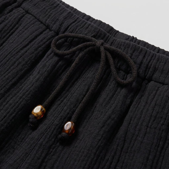 Dara black double-gauze drawstring waistband fabric detail