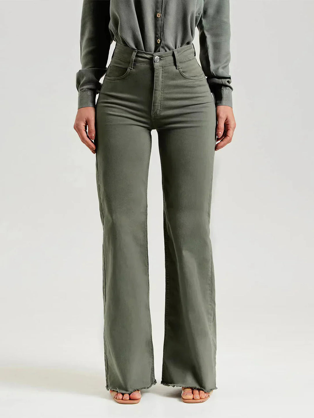 Jade wide-leg trousers with a frayed hem made from soft denim fabric, perfect for a stylish and comfortable casual look. - 1
