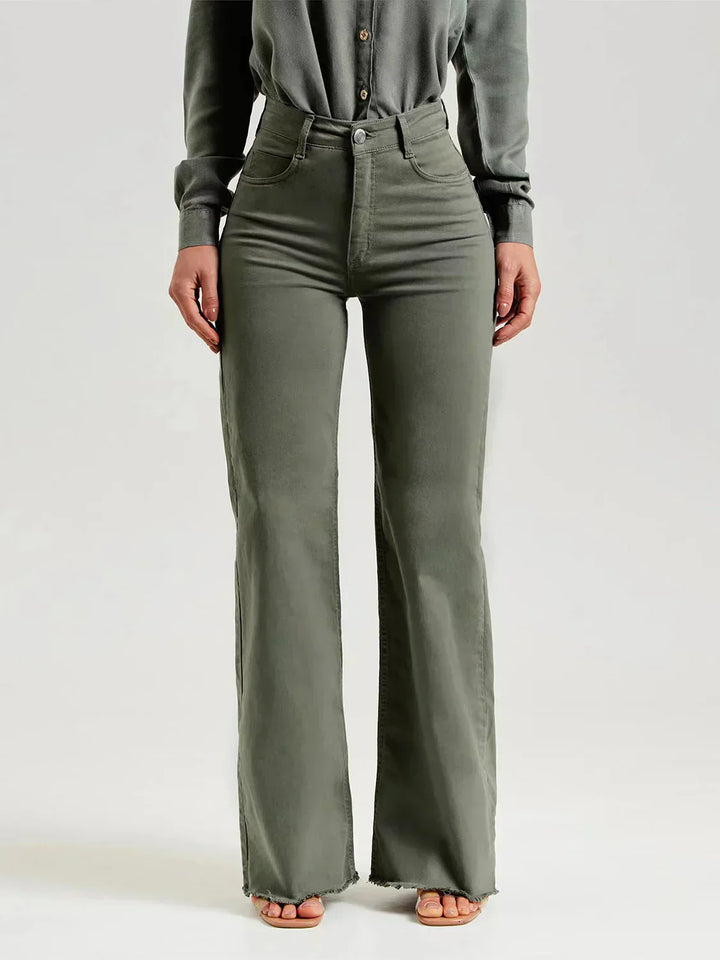 Jade wide-leg trousers with a frayed hem made from soft denim fabric, perfect for a stylish and comfortable casual look. - 1