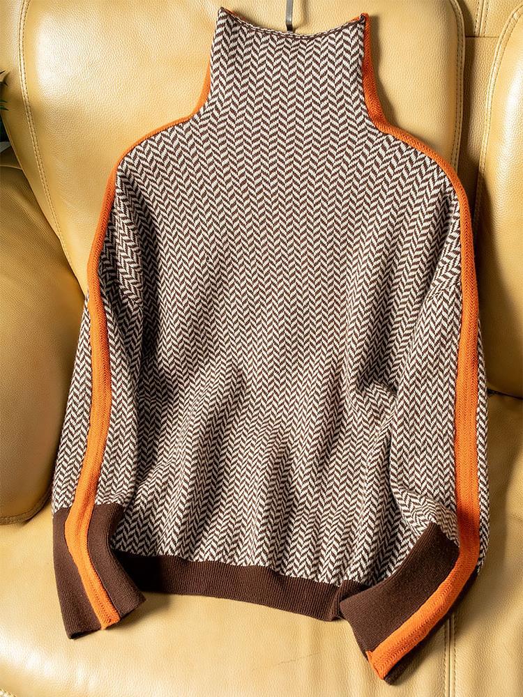 Women's Striped Turtleneck Pullover, High Collar, Orange or Green